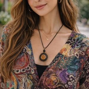 Initial “D” Amber Tone Glass Pendant Necklace Black Gunmetal Chain Rhinestone Ha